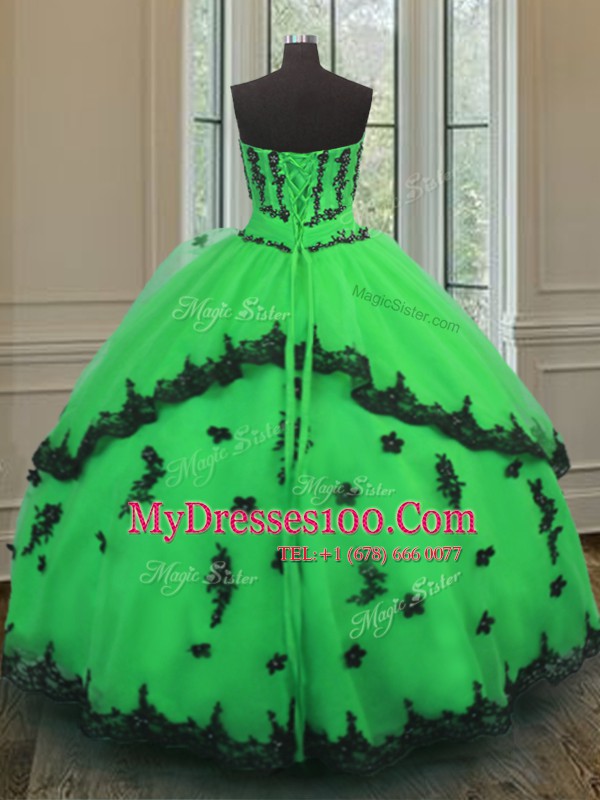 Green Ball Gowns Beading and Embroidery 15th Birthday Dress Lace Up Organza Sleeveless Floor Length