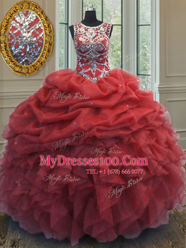 Coral Red Organza Lace Up Scoop Sleeveless Floor Length Quince Ball Gowns Beading and Ruffles and Pick Ups