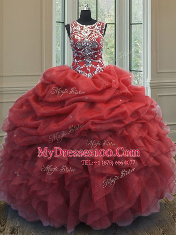 Coral Red Organza Lace Up Scoop Sleeveless Floor Length Quince Ball Gowns Beading and Ruffles and Pick Ups