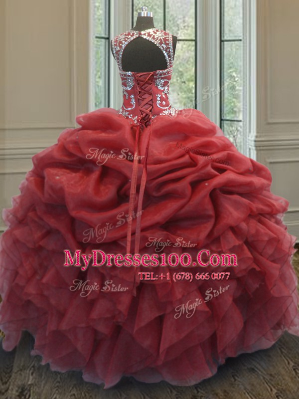Coral Red Organza Lace Up Scoop Sleeveless Floor Length Quince Ball Gowns Beading and Ruffles and Pick Ups