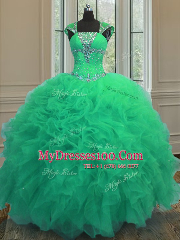 Straps Cap Sleeves Floor Length Lace Up Quinceanera Gown Turquoise for Military Ball and Sweet 16 and Quinceanera with Beading and Ruffles and Sequins