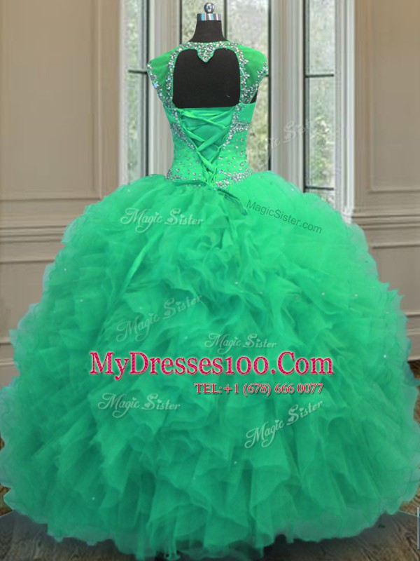 Straps Cap Sleeves Floor Length Lace Up Quinceanera Gown Turquoise for Military Ball and Sweet 16 and Quinceanera with Beading and Ruffles and Sequins
