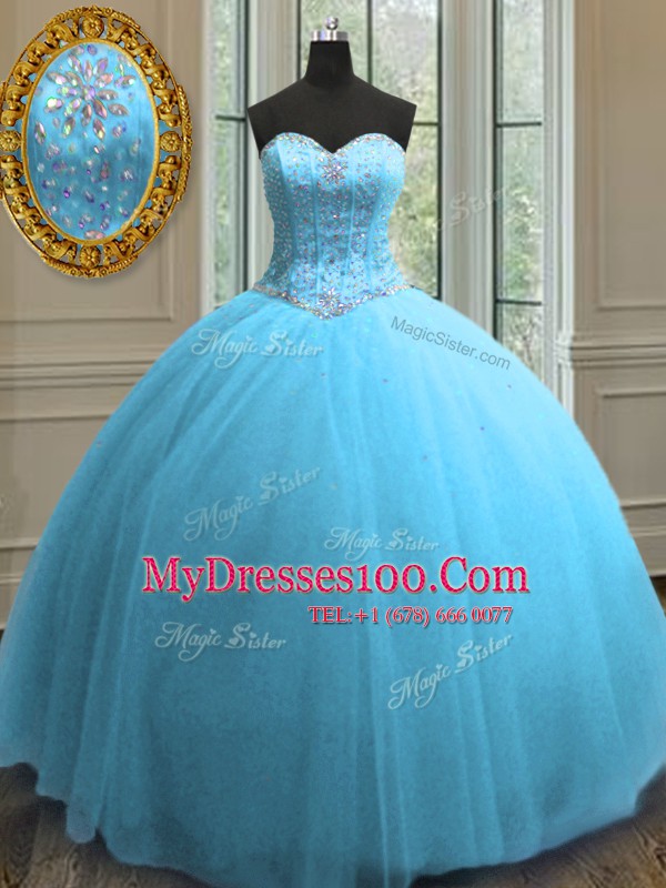 Custom Designed Baby Blue Tulle Lace Up Sweet 16 Dresses Sleeveless Floor Length Beading and Sequins