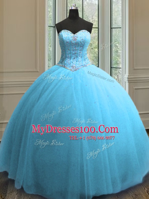 Custom Designed Baby Blue Tulle Lace Up Sweet 16 Dresses Sleeveless Floor Length Beading and Sequins