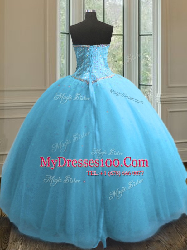 Custom Designed Baby Blue Tulle Lace Up Sweet 16 Dresses Sleeveless Floor Length Beading and Sequins