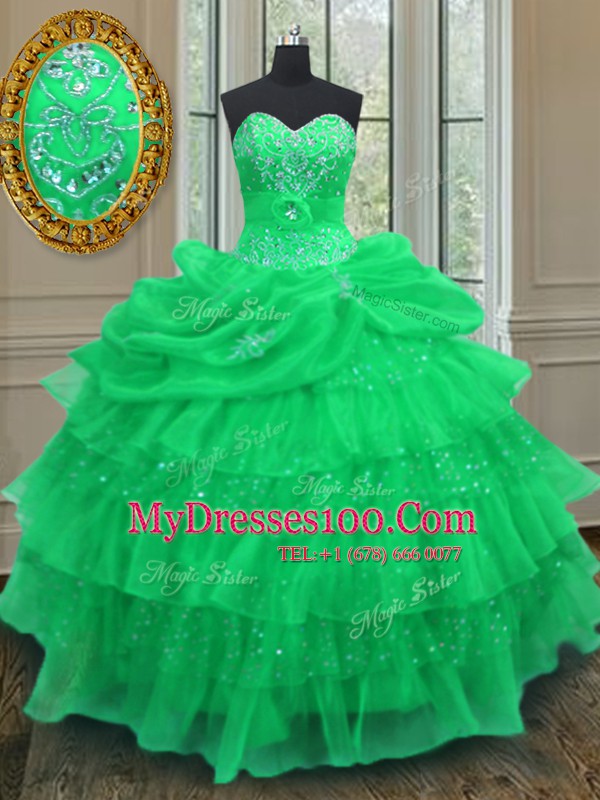 Traditional Pick Ups Ruffled Floor Length Green Sweet 16 Dresses Halter Top Sleeveless Lace Up