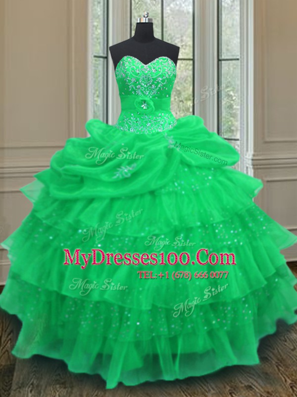 Traditional Pick Ups Ruffled Floor Length Green Sweet 16 Dresses Halter Top Sleeveless Lace Up