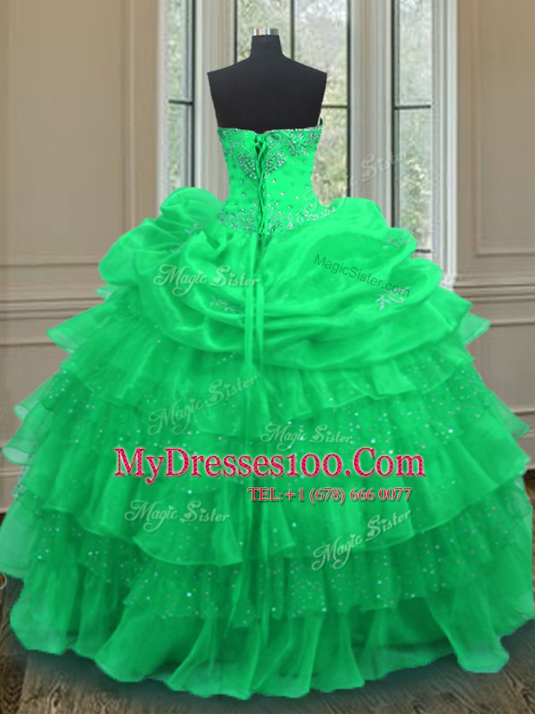 Traditional Pick Ups Ruffled Floor Length Green Sweet 16 Dresses Halter Top Sleeveless Lace Up