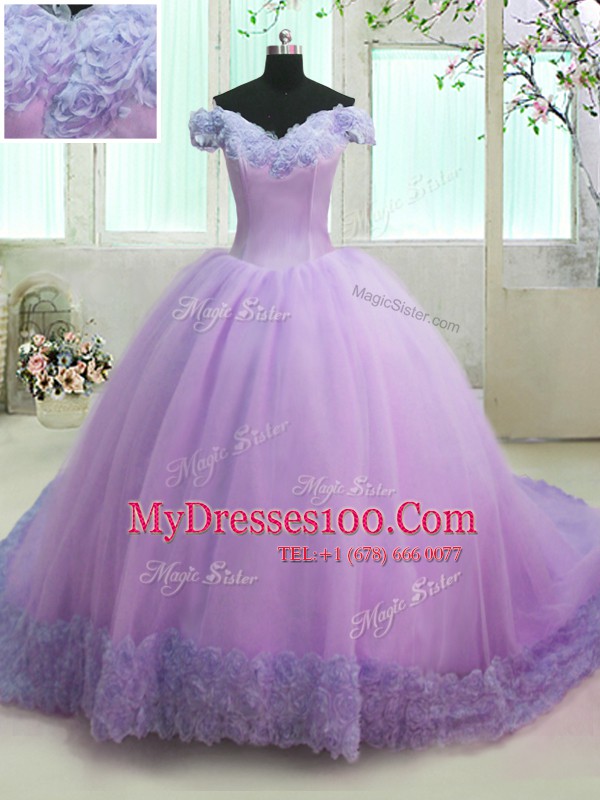 Off the Shoulder Short Sleeves With Train Lace Up Sweet 16 Dress Lilac for Military Ball and Sweet 16 and Quinceanera with Hand Made Flower Court Train