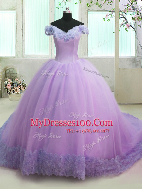 Off the Shoulder Short Sleeves With Train Lace Up Sweet 16 Dress Lilac for Military Ball and Sweet 16 and Quinceanera with Hand Made Flower Court Train