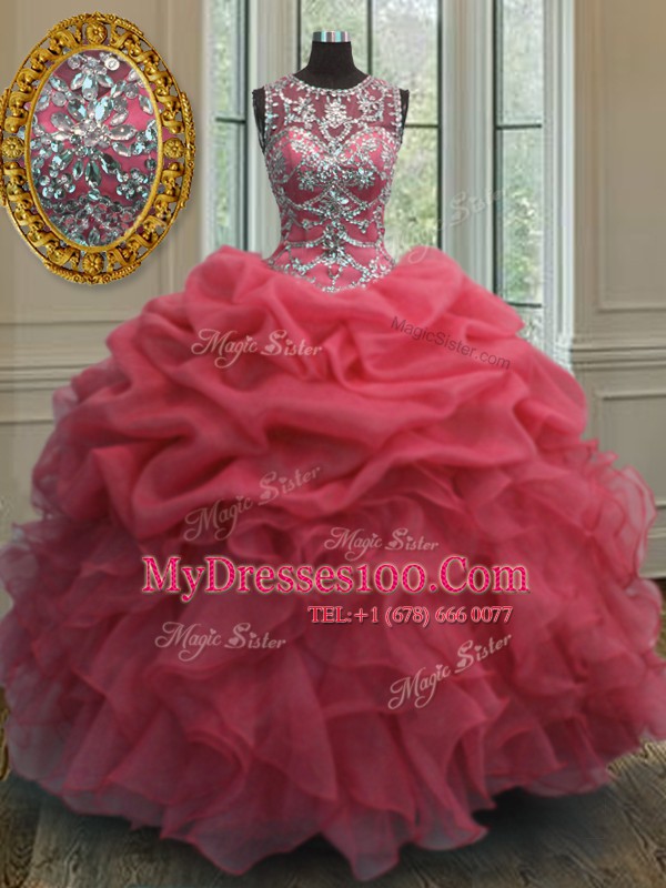 Fancy Pick Ups Ball Gowns Quinceanera Gown Coral Red Scoop Organza Sleeveless Floor Length Lace Up