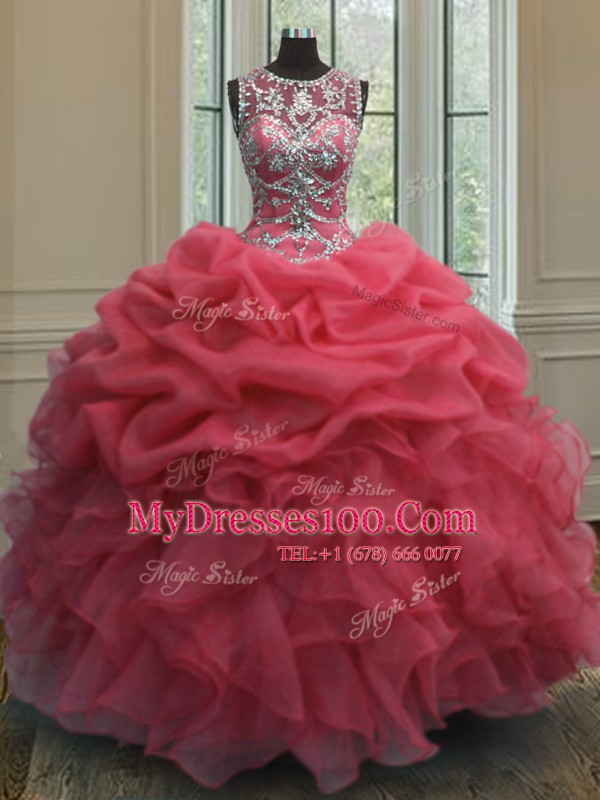 Fancy Pick Ups Ball Gowns Quinceanera Gown Coral Red Scoop Organza Sleeveless Floor Length Lace Up