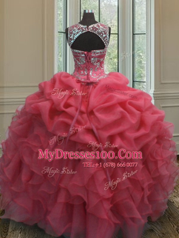 Fancy Pick Ups Ball Gowns Quinceanera Gown Coral Red Scoop Organza Sleeveless Floor Length Lace Up