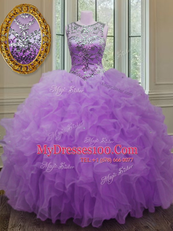 Luxurious Lilac Organza Lace Up Scoop Sleeveless Floor Length 15 Quinceanera Dress Beading and Ruffles
