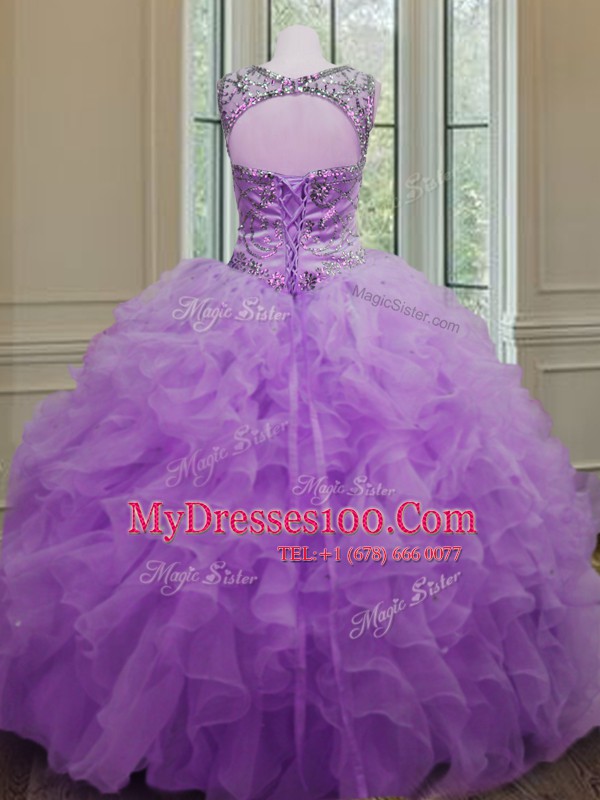 Luxurious Lilac Organza Lace Up Scoop Sleeveless Floor Length 15 Quinceanera Dress Beading and Ruffles