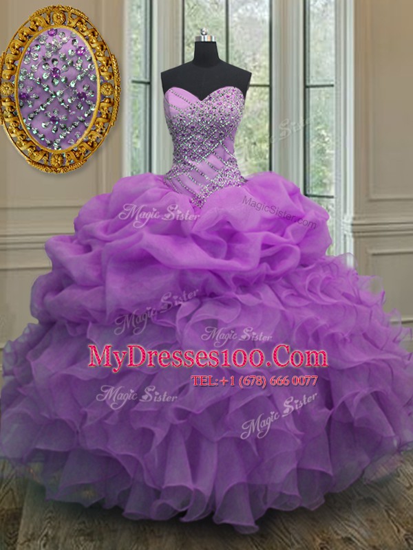 Floor Length Lavender Quinceanera Dress Organza Sleeveless Beading and Ruffles and Pick Ups