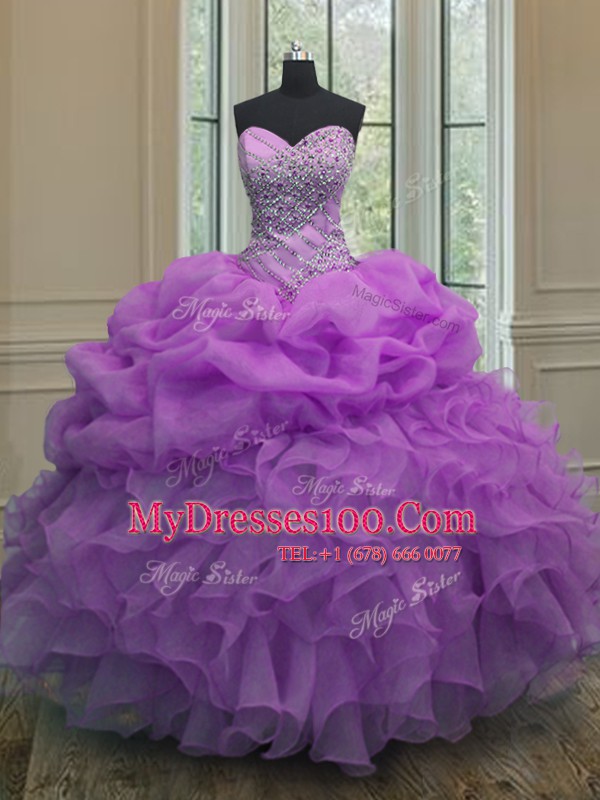 Floor Length Lavender Quinceanera Dress Organza Sleeveless Beading and Ruffles and Pick Ups