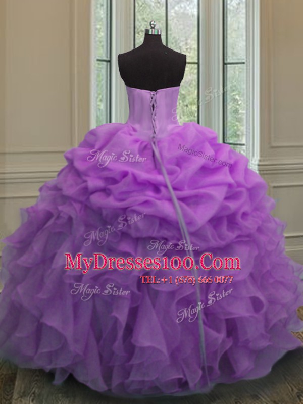 Floor Length Lavender Quinceanera Dress Organza Sleeveless Beading and Ruffles and Pick Ups