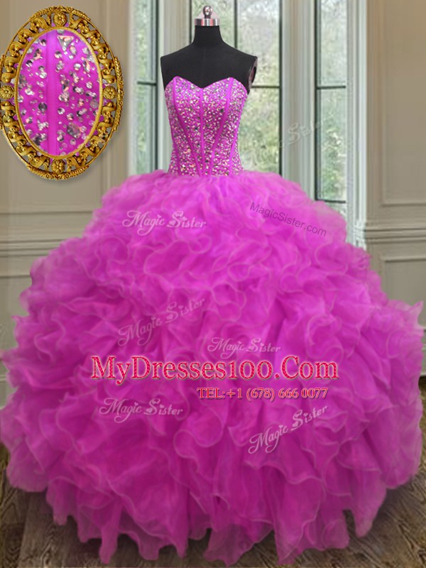 Spectacular Floor Length Lace Up Quinceanera Gown Fuchsia for Military Ball and Sweet 16 and Quinceanera with Beading and Ruffles