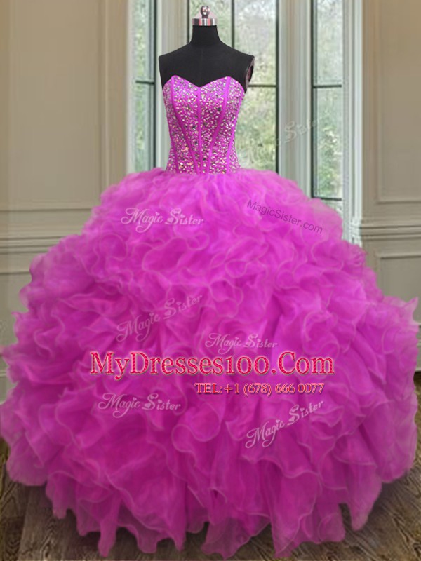 Spectacular Floor Length Lace Up Quinceanera Gown Fuchsia for Military Ball and Sweet 16 and Quinceanera with Beading and Ruffles