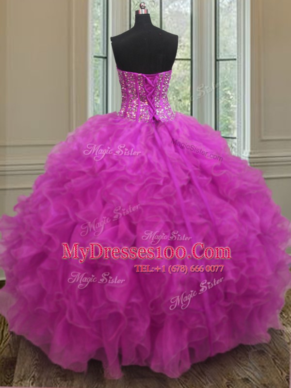 Spectacular Floor Length Lace Up Quinceanera Gown Fuchsia for Military Ball and Sweet 16 and Quinceanera with Beading and Ruffles