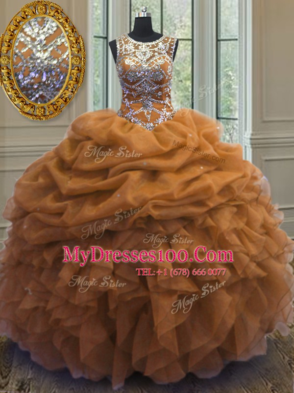 Brown Organza Lace Up Scoop Sleeveless Floor Length Ball Gown Prom Dress Beading and Ruffles and Pick Ups