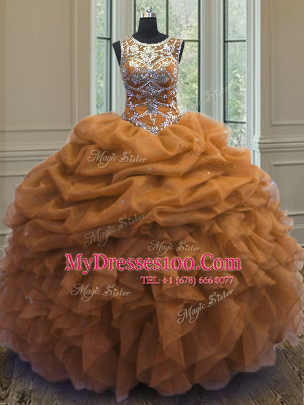 Brown Organza Lace Up Scoop Sleeveless Floor Length Ball Gown Prom Dress Beading and Ruffles and Pick Ups