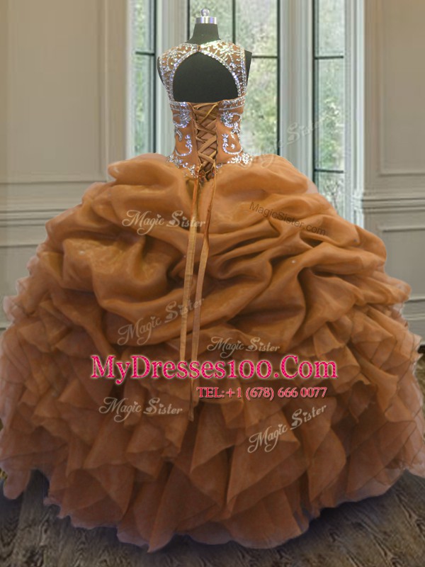 Brown Organza Lace Up Scoop Sleeveless Floor Length Ball Gown Prom Dress Beading and Ruffles and Pick Ups