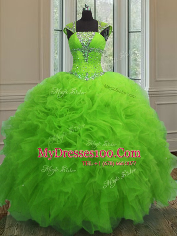 Straps Organza Lace Up 15th Birthday Dress Cap Sleeves Floor Length Beading and Ruffles and Sequins