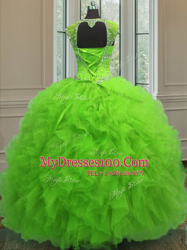 Straps Organza Lace Up 15th Birthday Dress Cap Sleeves Floor Length Beading and Ruffles and Sequins