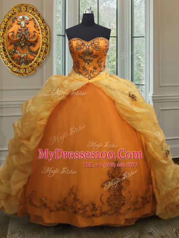 Organza Sleeveless With Train Sweet 16 Dress Court Train and Beading and Appliques and Pick Ups