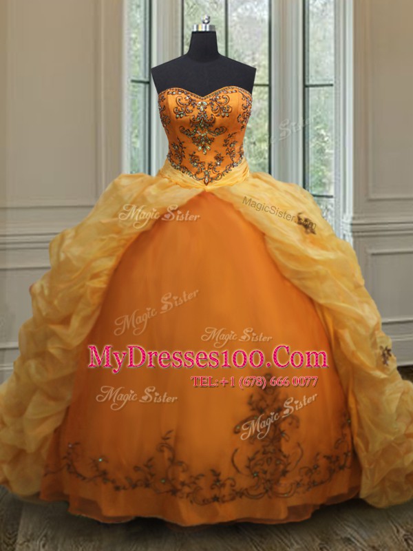 Organza Sleeveless With Train Sweet 16 Dress Court Train and Beading and Appliques and Pick Ups