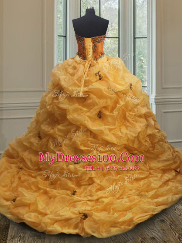 Organza Sleeveless With Train Sweet 16 Dress Court Train and Beading and Appliques and Pick Ups