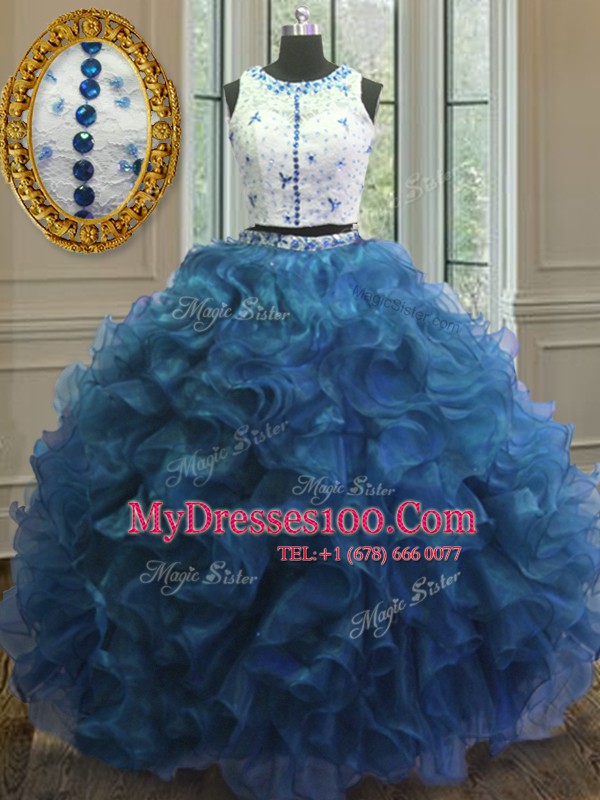 Comfortable Scoop Blue Sleeveless Organza Clasp Handle Quinceanera Gowns for Military Ball and Sweet 16 and Quinceanera