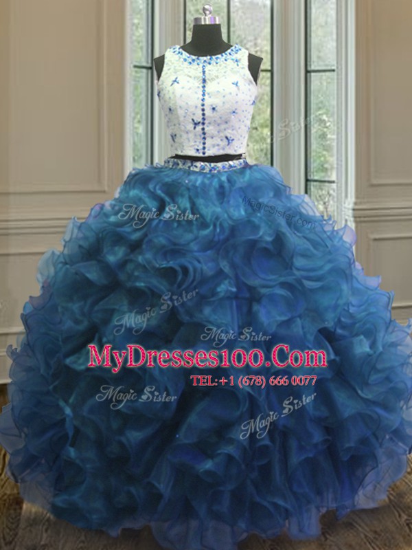 Comfortable Scoop Blue Sleeveless Organza Clasp Handle Quinceanera Gowns for Military Ball and Sweet 16 and Quinceanera