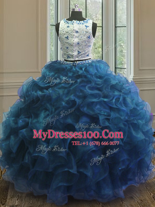 Comfortable Scoop Blue Sleeveless Organza Clasp Handle Quinceanera Gowns for Military Ball and Sweet 16 and Quinceanera