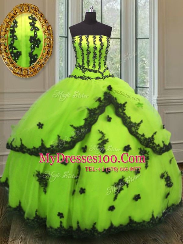 Elegant Appliques 15th Birthday Dress Yellow Green Lace Up Sleeveless Floor Length