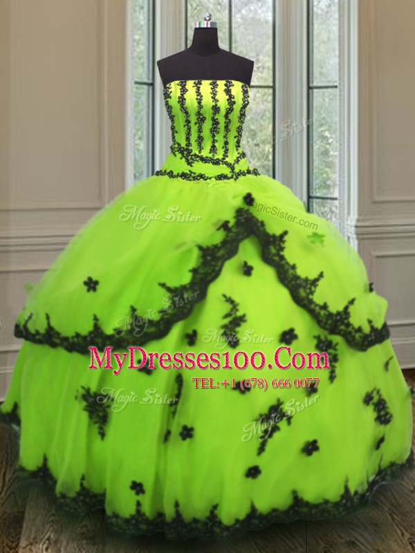 Elegant Appliques 15th Birthday Dress Yellow Green Lace Up Sleeveless Floor Length