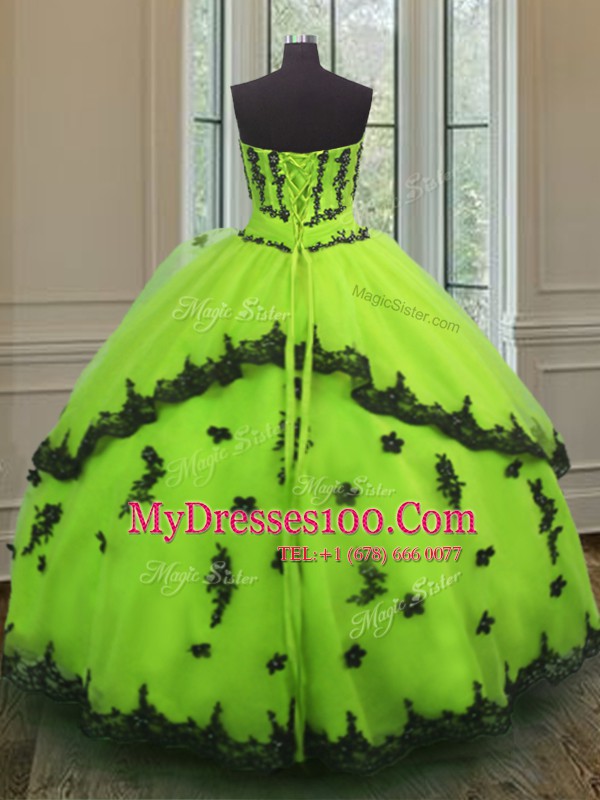 Elegant Appliques 15th Birthday Dress Yellow Green Lace Up Sleeveless Floor Length