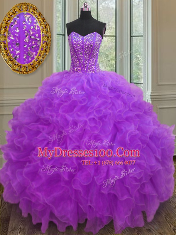 Organza Sweetheart Sleeveless Lace Up Beading and Ruffles Quinceanera Dress in Purple