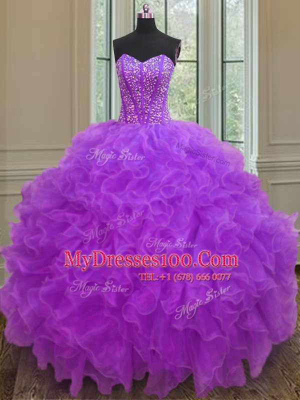 Organza Sweetheart Sleeveless Lace Up Beading and Ruffles Quinceanera Dress in Purple
