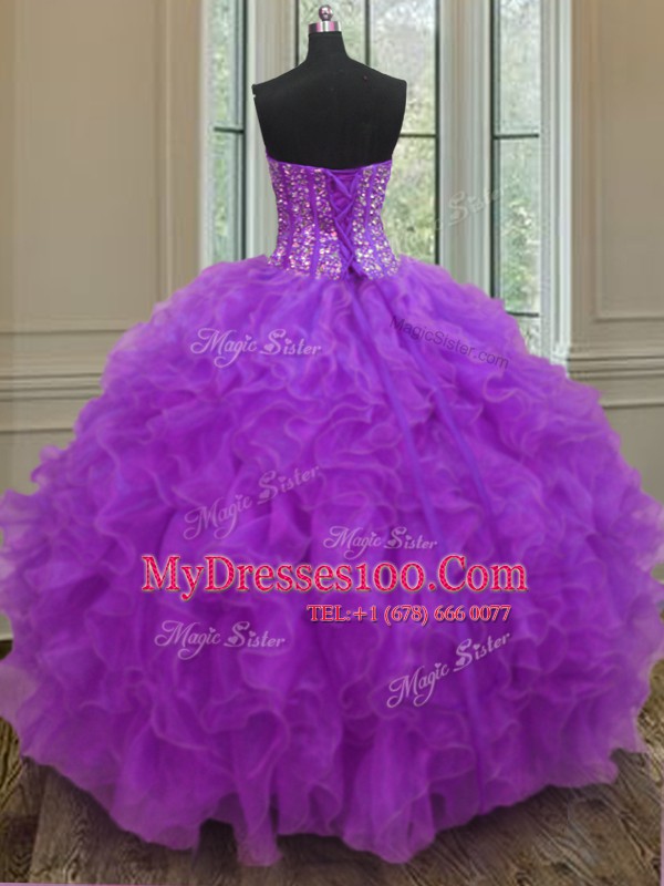 Organza Sweetheart Sleeveless Lace Up Beading and Ruffles Quinceanera Dress in Purple