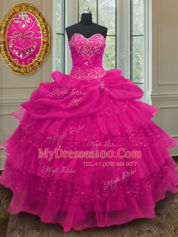 Glittering Sequins Pick Ups Ruffled Fuchsia Sleeveless Organza and Sequined Lace Up 15th Birthday Dress for Military Ball and Sweet 16 and Quinceanera