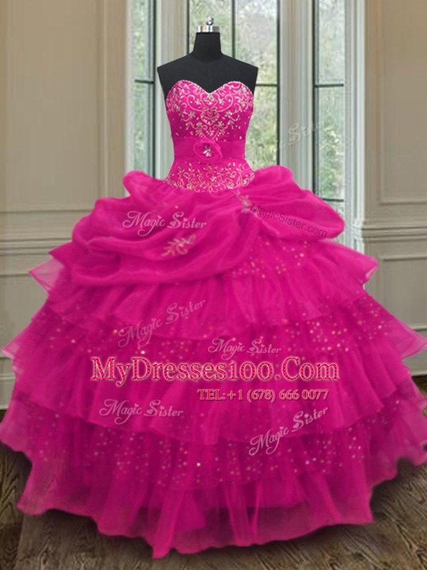 Glittering Sequins Pick Ups Ruffled Fuchsia Sleeveless Organza and Sequined Lace Up 15th Birthday Dress for Military Ball and Sweet 16 and Quinceanera