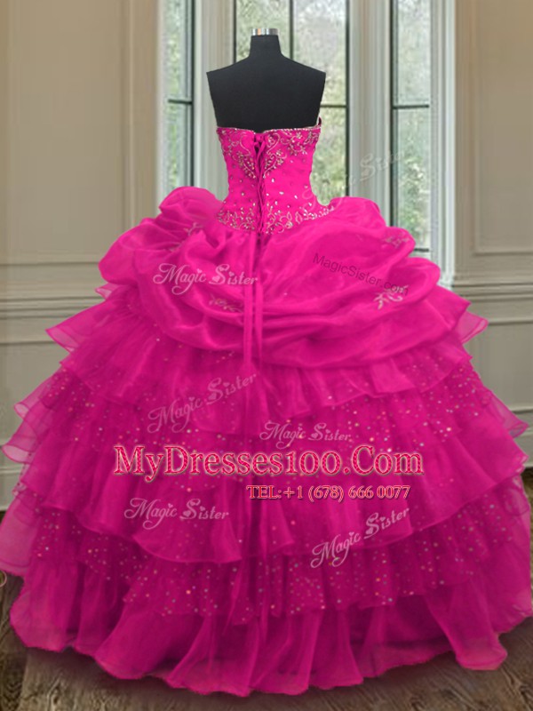 Glittering Sequins Pick Ups Ruffled Fuchsia Sleeveless Organza and Sequined Lace Up 15th Birthday Dress for Military Ball and Sweet 16 and Quinceanera