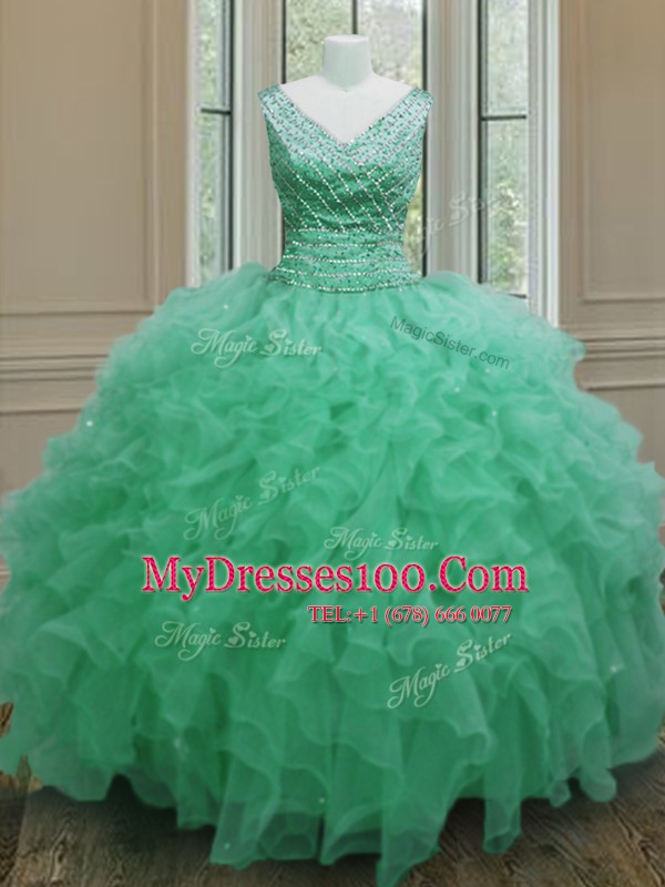 Apple Green Sleeveless Floor Length Beading and Ruffles Zipper Sweet 16 Dress