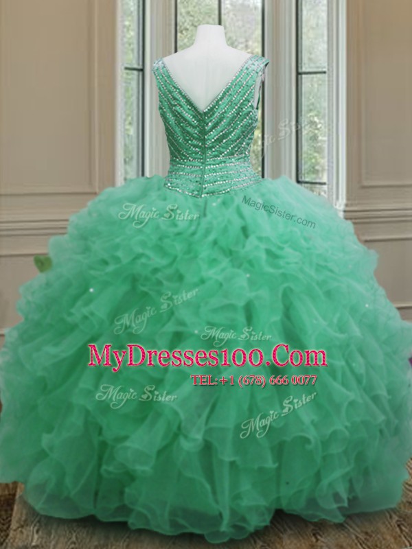 Apple Green Sleeveless Floor Length Beading and Ruffles Zipper Sweet 16 Dress