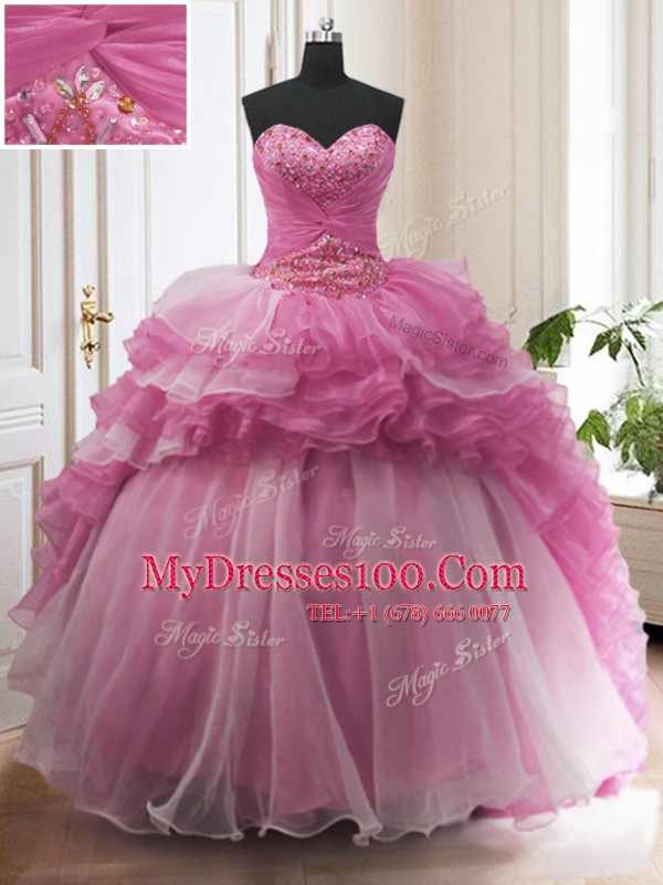 Stylish Sweetheart Sleeveless Organza 15th Birthday Dress Beading and Ruffled Layers Sweep Train Lace Up