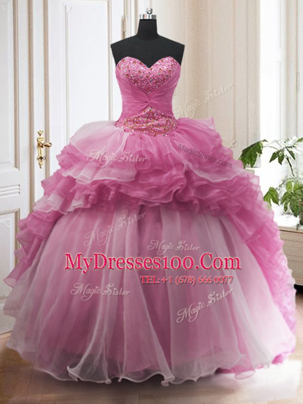 Stylish Sweetheart Sleeveless Organza 15th Birthday Dress Beading and Ruffled Layers Sweep Train Lace Up