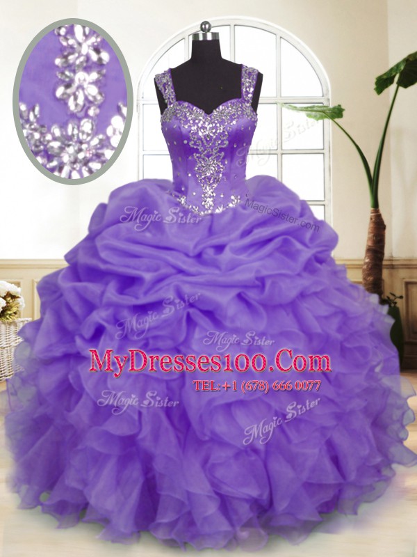 Top Selling Sleeveless Floor Length Beading and Ruffles and Pick Ups Zipper Sweet 16 Dresses with Lavender